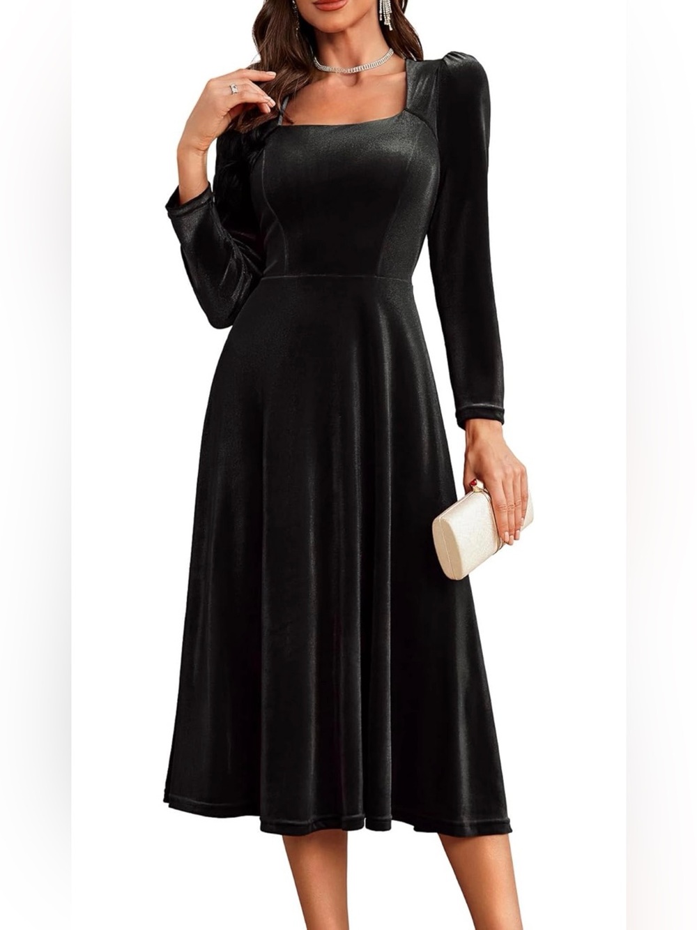 Square Neck Black Velvet Long-Sleeve Midi Dress